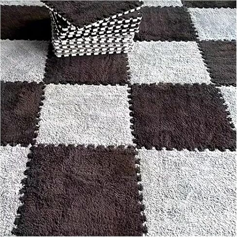 Solid Color Carpet Soft Plush Puzzle Mat BPA-Free Interlocking Foam Living Room Rug Warm Non-Slip Washable Floor Protector Home Decor Mat(Black Gray,30x30cm 8Pcs) in Kuwait