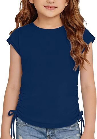 Girls Summer T Shirts Ruched Knot Side Tees Cap Sleeve Tops Casual Crewneck Shirt Solid Color Tshirt Basic Top in Saudi Arabia