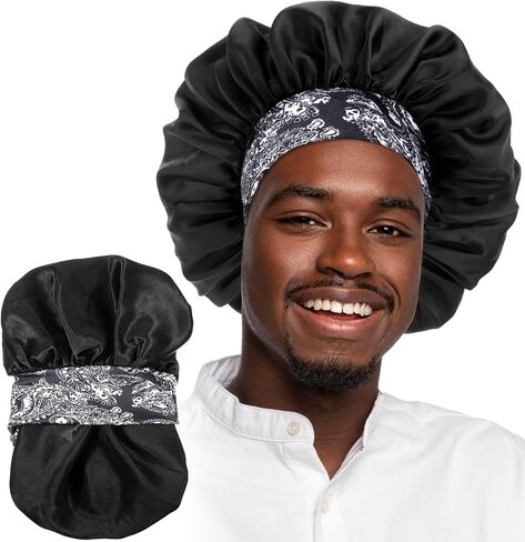 Silk Bonnet for Men, Satin Bonnet Elastic Band Silk Sleep Cap Black Soft Hair Cap Hair Wrap Large Bonnets for Women (US, Alpha, One Size, Black, not Applicable, not Applicable) in Kuwait
