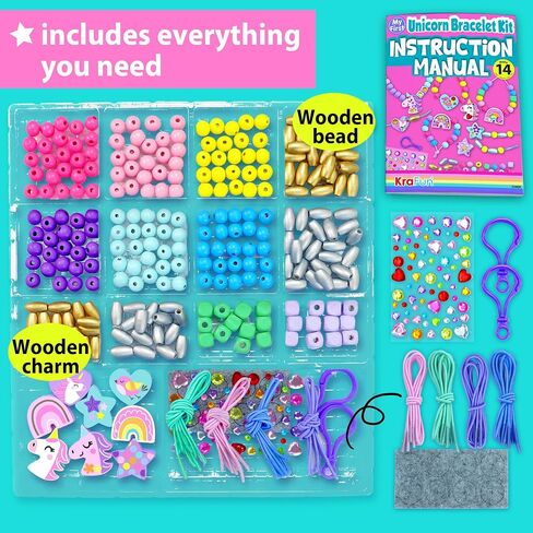 KRAFUN My First Unicorn Bracelet Craft Kit for Beginner Kids Arts & Crafts, 14 Easy DIY Projects Activities of Friendship Bracelets, Charms, Gem Sticker & Beads, Instructions, Gift for Girls in Kuwait