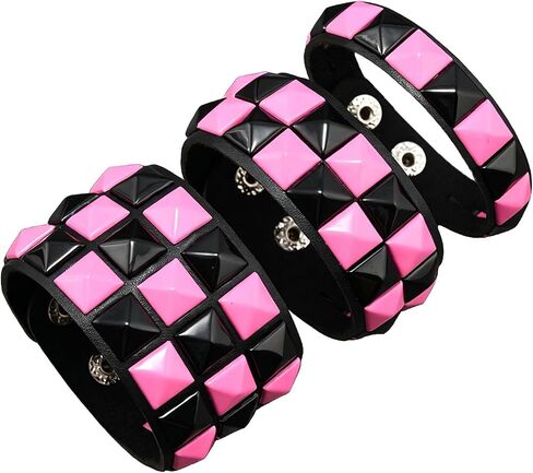 ASIJUNTYECHO 3 Piece Punk Bracelets Checkered Punk Leather Set Black Pink Adjustable Studded Cuff Bangle for Men Women in Kuwait