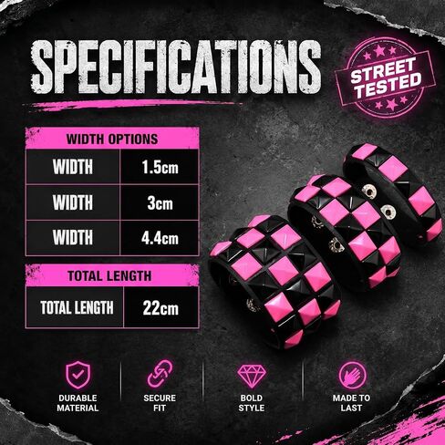 ASIJUNTYECHO 3 Piece Punk Bracelets Checkered Punk Leather Set Black Pink Adjustable Studded Cuff Bangle for Men Women in Kuwait