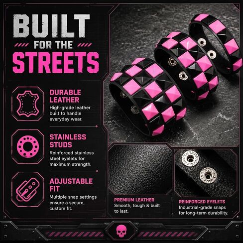 ASIJUNTYECHO 3 Piece Punk Bracelets Checkered Punk Leather Set Black Pink Adjustable Studded Cuff Bangle for Men Women in Kuwait