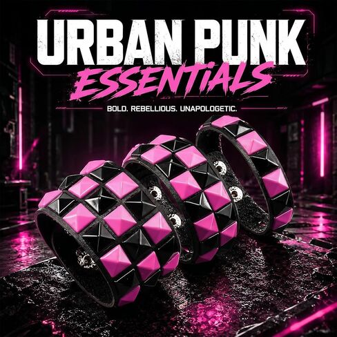 ASIJUNTYECHO 3 Piece Punk Bracelets Checkered Punk Leather Set Black Pink Adjustable Studded Cuff Bangle for Men Women in Kuwait