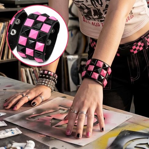 ASIJUNTYECHO 3 Piece Punk Bracelets Checkered Punk Leather Set Black Pink Adjustable Studded Cuff Bangle for Men Women in Kuwait