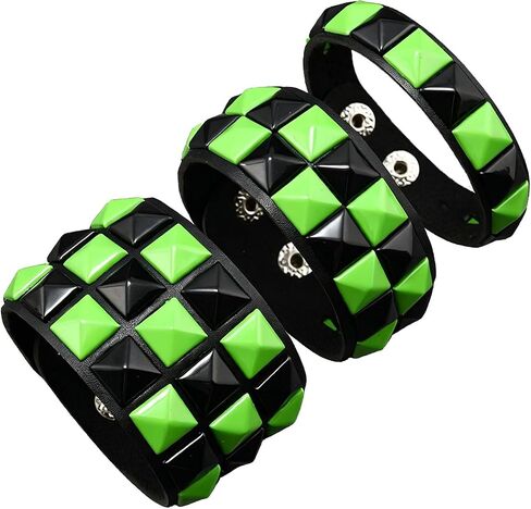 ASIJUNTYECHO 3 Piece Punk Bracelets Checkered Punk Leather Set Black Pink Adjustable Studded Cuff Bangle for Men Women in Saudi Arabia