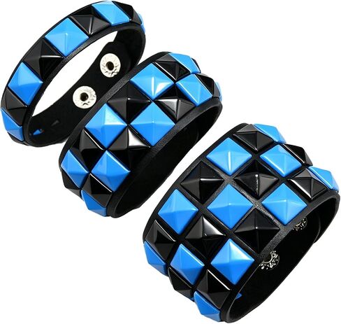 ASIJUNTYECHO 3 Piece Punk Bracelets Checkered Punk Leather Set Black Pink Adjustable Studded Cuff Bangle for Men Women in Kuwait