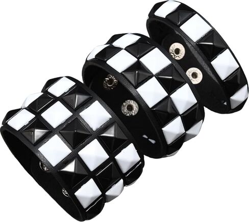 ASIJUNTYECHO 3 Piece Punk Bracelets Checkered Punk Leather Set Black Pink Adjustable Studded Cuff Bangle for Men Women in Kuwait