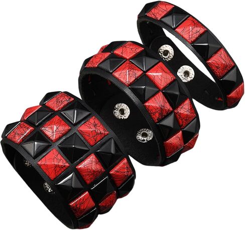 ASIJUNTYECHO 3 Piece Punk Bracelets Checkered Punk Leather Set Black Pink Adjustable Studded Cuff Bangle for Men Women in Kuwait