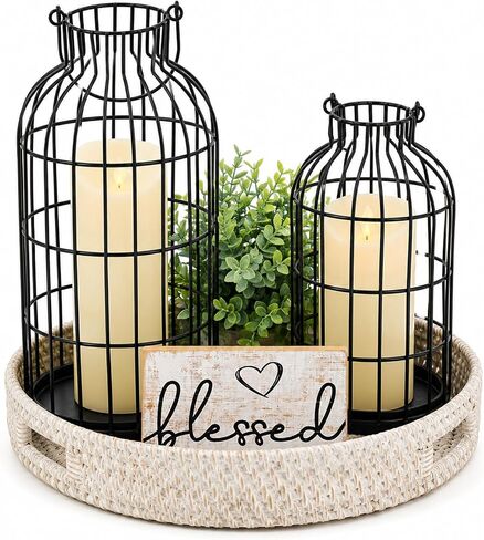 Rustic Farmhouse Lantern Centerpiece Set with Flameless Candles 8 Pieces in Saudi Arabia
