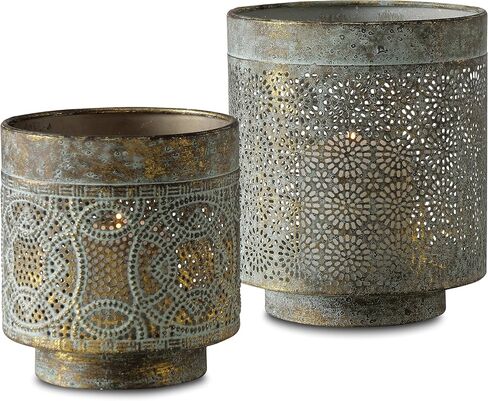 Moroccan Temple Lanterns, Set of 2 | Lattice Work, Intricated Perforated Patterns, Grey Patina, Antique Gold, Metal, 6.25 Inches and 5 Inches in Kuwait
