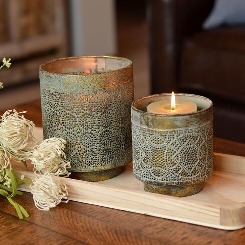 Moroccan Temple Lanterns, Set of 2 | Lattice Work, Intricated Perforated Patterns, Grey Patina, Antique Gold, Metal, 6.25 Inches and 5 Inches in Kuwait