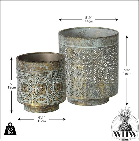 Moroccan Temple Lanterns, Set of 2 | Lattice Work, Intricated Perforated Patterns, Grey Patina, Antique Gold, Metal, 6.25 Inches and 5 Inches in Kuwait