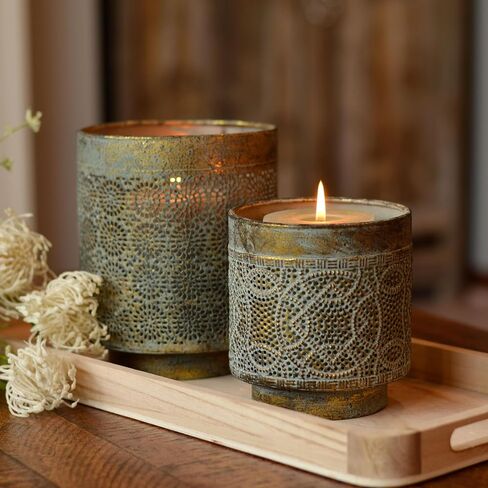 Moroccan Temple Lanterns, Set of 2 | Lattice Work, Intricated Perforated Patterns, Grey Patina, Antique Gold, Metal, 6.25 Inches and 5 Inches in Kuwait