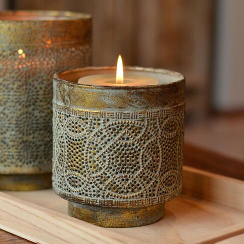 Moroccan Temple Lanterns, Set of 2 | Lattice Work, Intricated Perforated Patterns, Grey Patina, Antique Gold, Metal, 6.25 Inches and 5 Inches in Kuwait