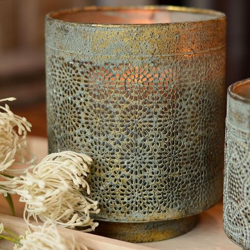 Moroccan Temple Lanterns, Set of 2 | Lattice Work, Intricated Perforated Patterns, Grey Patina, Antique Gold, Metal, 6.25 Inches and 5 Inches in Kuwait