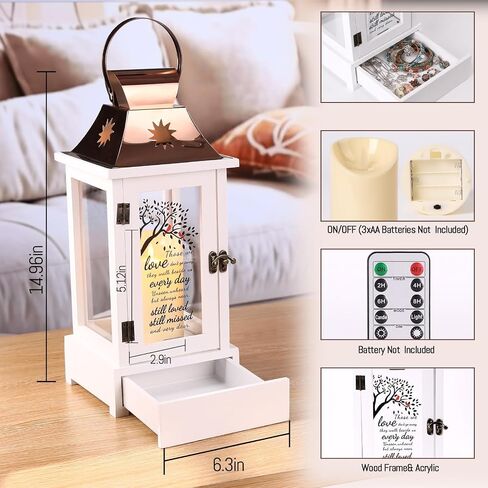 Loss of Mother Sympathy Gifts Memorial Lantern for Loved One, Bereavement Remembrance Lantern with LED Candle & Remote, Keepsake Drawer, Wooden Acrylic Sympathy Lantern for Funeral Remembrance in Kuwait