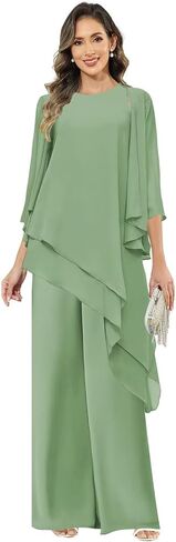 3 Pieces Chiffon Mother of the Bride Pant Suits | 3 Pieces Chiffon Long Sleeve Mother of The Bride Pant Suits for Women Layered Dressy Formal Outfit Set with Jacket in Saudi Arabia