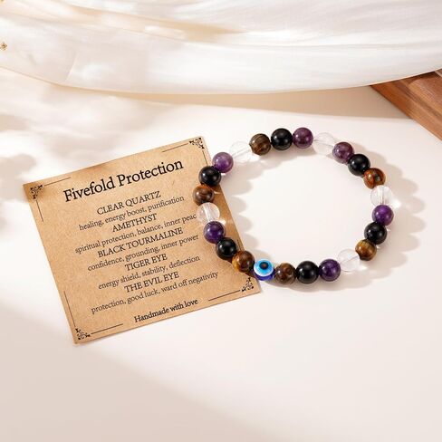 Healing Crystal Bracelet for Women, Natural Stone Beaded Bracelets Triple Protection Stress Relief New Beginnings Good Luck Jewelry Birthday Gifts in Saudi Arabia