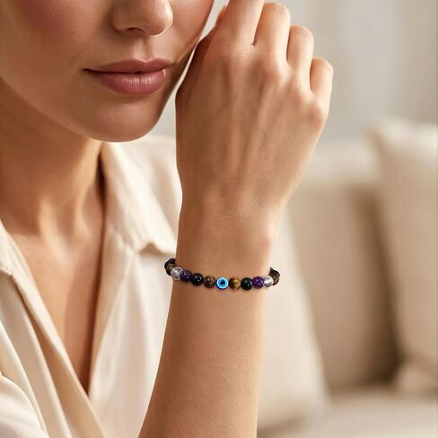 Healing Crystal Bracelet for Women, Natural Stone Beaded Bracelets Triple Protection Stress Relief New Beginnings Good Luck Jewelry Birthday Gifts in Saudi Arabia