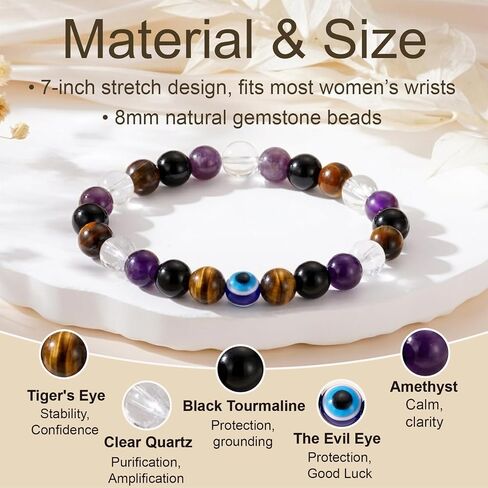 Healing Crystal Bracelet for Women, Natural Stone Beaded Bracelets Triple Protection Stress Relief New Beginnings Good Luck Jewelry Birthday Gifts in Saudi Arabia