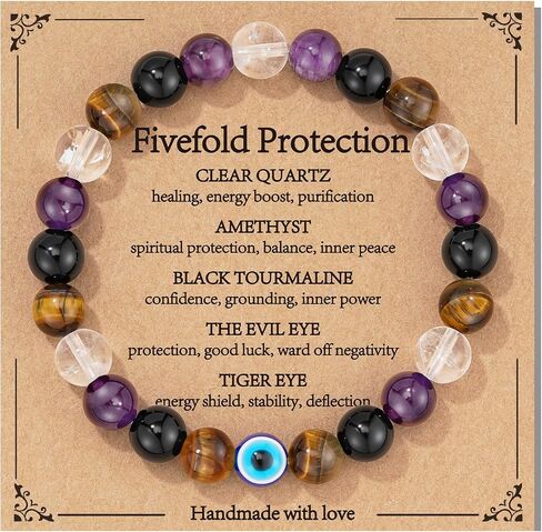 Healing Crystal Bracelet for Women, Natural Stone Beaded Bracelets Triple Protection Stress Relief New Beginnings Good Luck Jewelry Birthday Gifts in Saudi Arabia