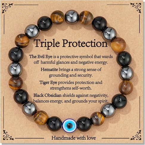 Healing Crystal Bracelet for Women, Natural Stone Beaded Bracelets Triple Protection Stress Relief New Beginnings Good Luck Jewelry Birthday Gifts in Saudi Arabia