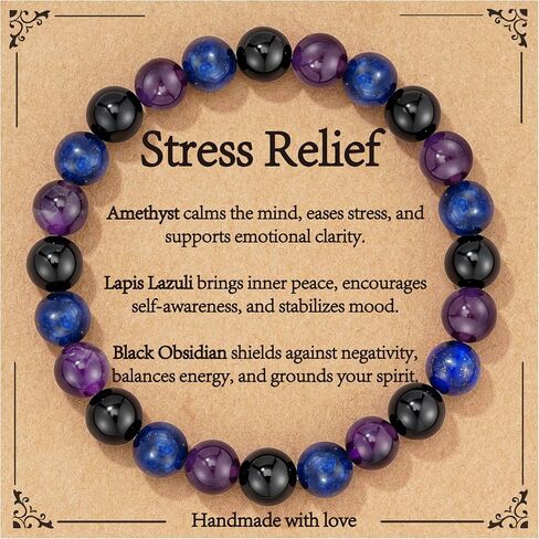 Healing Crystal Bracelet for Women, Natural Stone Beaded Bracelets Triple Protection Stress Relief New Beginnings Good Luck Jewelry Birthday Gifts in Saudi Arabia