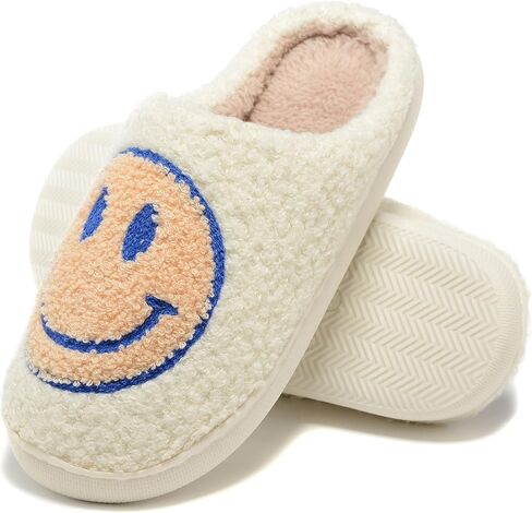 LIONPARK Retro Fuzzy Happy Face Slippers for Women Men Soft Fluffy Warm Non-Slip Happy Face Design Indoor Outdoor Anti-Skid Memory Foam Slides in Saudi Arabia