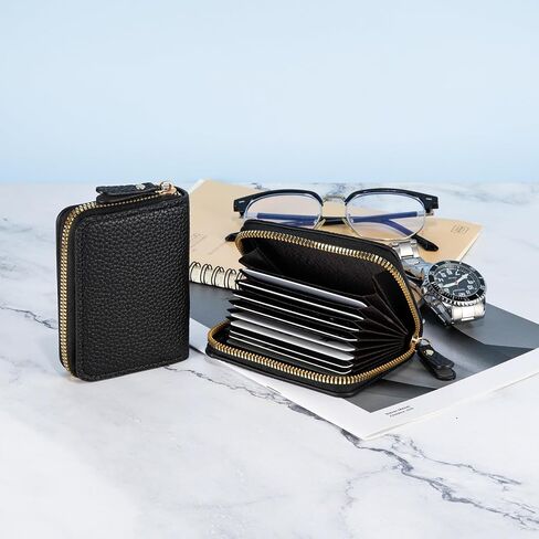 Mini and Portable Genuine Leather Credit Card Holder Zipper Wallet with 11 Card Slots – Stylish, Compact Design for Easy Organization and Travel Convenience - Black in Kuwait