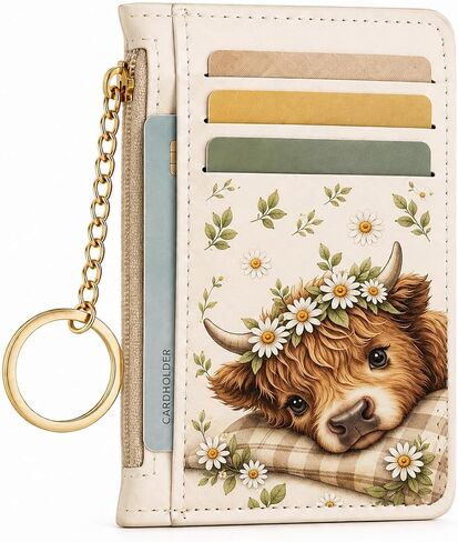 Highland Cow Credit Card Holder, Small Wallet for Women, RFID Blocking PU Leather Slim Card Wallet with Zipper Coin Pocket, Keychain, Ladies Gifts in Kuwait