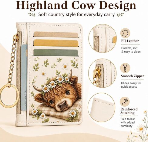 Highland Cow Credit Card Holder, Small Wallet for Women, RFID Blocking PU Leather Slim Card Wallet with Zipper Coin Pocket, Keychain, Ladies Gifts in Kuwait