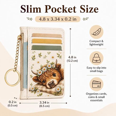 Highland Cow Credit Card Holder, Small Wallet for Women, RFID Blocking PU Leather Slim Card Wallet with Zipper Coin Pocket, Keychain, Ladies Gifts in Kuwait