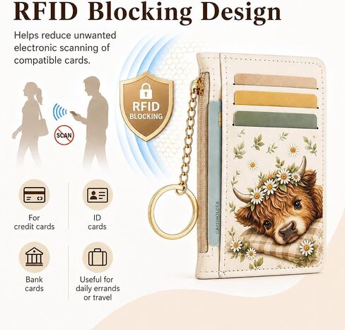 Highland Cow Credit Card Holder, Small Wallet for Women, RFID Blocking PU Leather Slim Card Wallet with Zipper Coin Pocket, Keychain, Ladies Gifts in Kuwait
