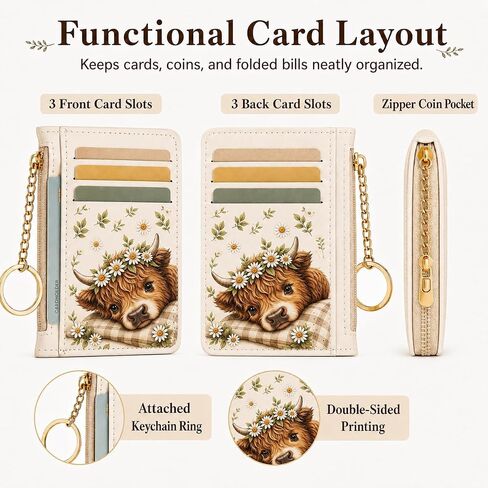 Highland Cow Credit Card Holder, Small Wallet for Women, RFID Blocking PU Leather Slim Card Wallet with Zipper Coin Pocket, Keychain, Ladies Gifts in Kuwait