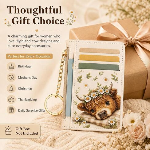 Highland Cow Credit Card Holder, Small Wallet for Women, RFID Blocking PU Leather Slim Card Wallet with Zipper Coin Pocket, Keychain, Ladies Gifts in Kuwait