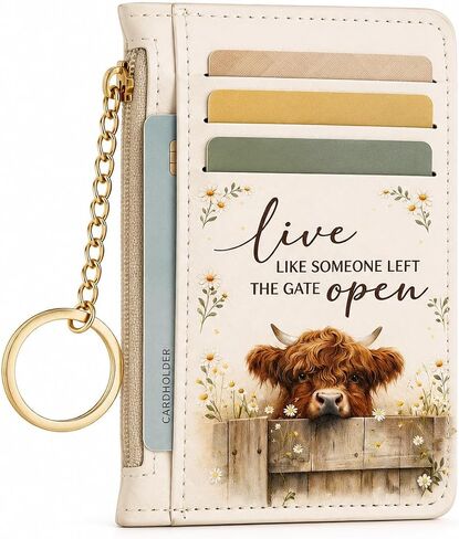Highland Cow Credit Card Holder, Small Wallet for Women, RFID Blocking PU Leather Slim Card Wallet with Zipper Coin Pocket, Keychain, Ladies Gifts in Kuwait