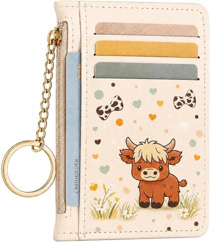 Highland Cow Credit Card Holder, Small Wallet for Women, RFID Blocking PU Leather Slim Card Wallet with Zipper Coin Pocket, Keychain, Ladies Gifts in Kuwait