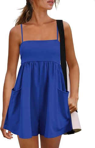 LAMISSCHE Women Casual Strappy Romper Summer Spaghetti Strap Jumpsuits Sleeveless One Piece Outfits with Pockets in Saudi Arabia