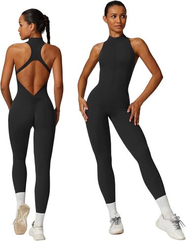 Sleeveless Workout Jumpsuit for Women Zip Up Romper Shorts V Back Scrunch Sexy One Piece in Kuwait