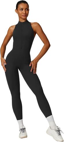 Sleeveless Workout Jumpsuit for Women Zip Up Romper Shorts V Back Scrunch Sexy One Piece in Kuwait