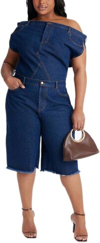ksotutm Sexy Denim Jumpsuit for Women Off Shoulder Top and Short Romper One Piece Jean Bodysuit Bodycon with Pocket in Saudi Arabia