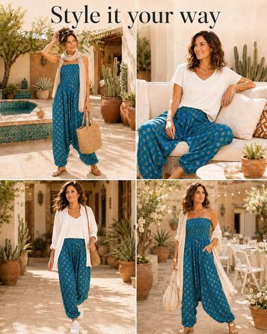 likemary Harem Jumpsuits for Women Pulls Down into Harem Pants with Pockets - 2 in 1 Comfy Pants & Strapless Tube Top Romper in Saudi Arabia