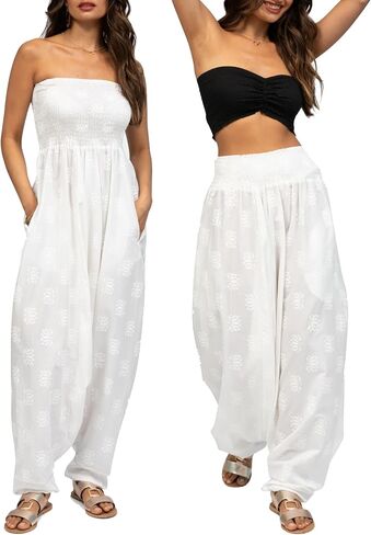 likemary Harem Jumpsuits for Women Pulls Down into Harem Pants with Pockets - 2 in 1 Comfy Pants & Strapless Tube Top Romper in Saudi Arabia