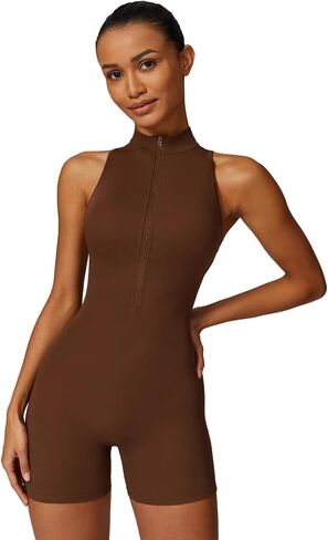 Sleeveless Workout Jumpsuit for Women Zip Up Romper Shorts V Back Scrunch Sexy One Piece in Saudi Arabia