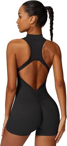 Sleeveless Workout Jumpsuit for Women Zip Up Romper Shorts V Back Scrunch Sexy One Piece in Kuwait