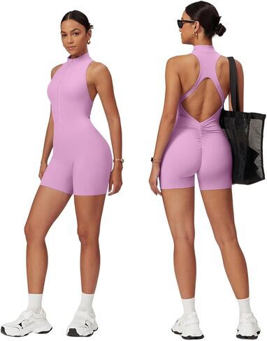 Sleeveless Workout Jumpsuit for Women Zip Up Romper Shorts V Back Scrunch Sexy One Piece in Kuwait