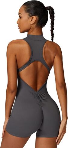 Sleeveless Workout Jumpsuit for Women Zip Up Romper Shorts V Back Scrunch Sexy One Piece in Kuwait