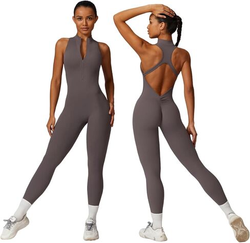 Sleeveless Workout Jumpsuit for Women Zip Up Romper Shorts V Back Scrunch Sexy One Piece in Kuwait