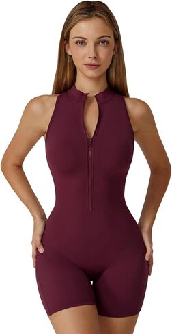 Sleeveless Workout Jumpsuit for Women Zip Up Romper Shorts V Back Scrunch Sexy One Piece in Kuwait